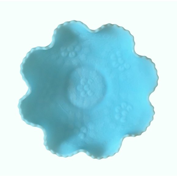 Fenton Bowl Blue Satin Cherry Chain and Orange Tree Vintage Art Glass 10" x 3" - Picture 3 of 7